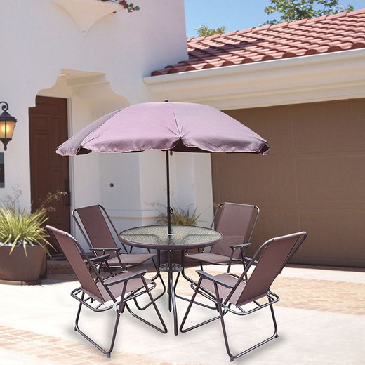 Conjunto Básico de 4 Sillas + Mesa Ø80cm + Parasol. Modelo Malaga